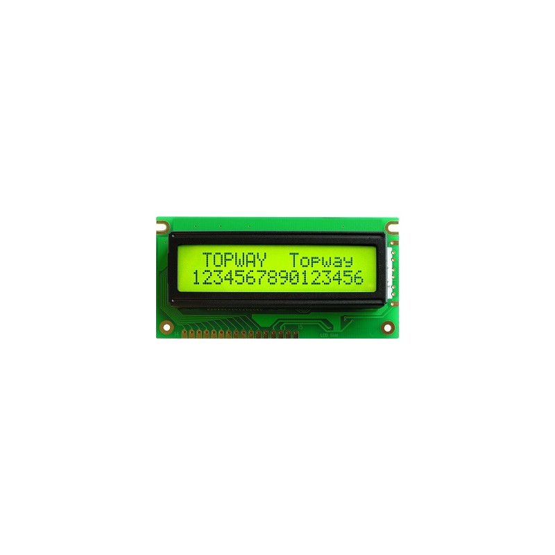 TOPWAY - LMB162HBC. Alphanumeric LCD display. 2 x 16. 5Vdc. Yellow / Green background / Gray color character.