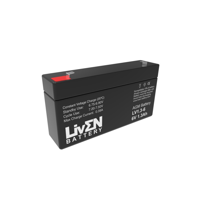 LIVEN - LV1.3-6. Bateria recarregável de chumbo ácido en tecnologia AGM-VRLA. Série  LV. 6Vdc / 1,3Ah