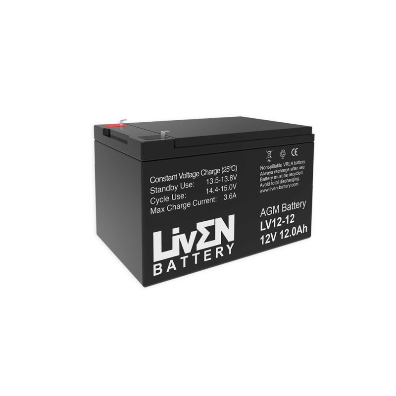 LIVEN - LV12-12. Batería recargable de Plomo ácido de tecnología AGM-VRLA. Serie LV. 12Vdc / 12Ah