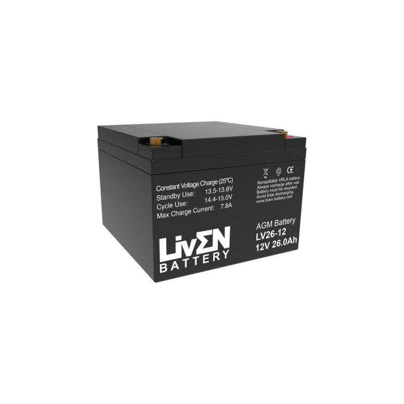 LIVEN - LV26-12. Batería recargable de Plomo ácido de tecnología AGM-VRLA. Serie LV. 12Vdc / 26Ah