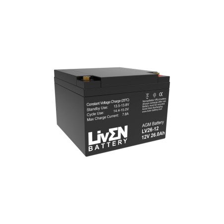 LIVEN - LV26-12. Batterie rechargeable au Plomb-acide technologie AGM-VRLA. Série  LV. 12Vdc / 26Ah