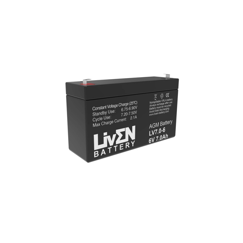 LIVEN - LV7-6. Batería recargable de Plomo ácido de tecnología AGM-VRLA. Serie LV. 6Vdc / 7Ah