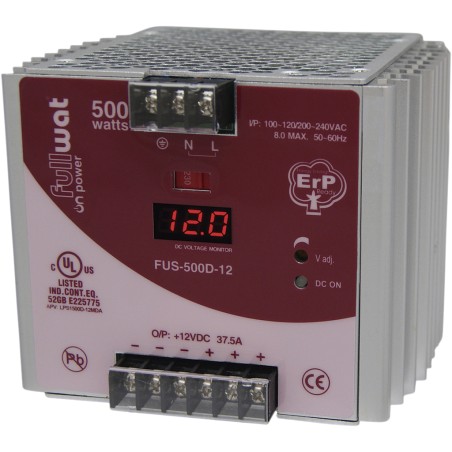 FULLWAT - FUS-500D-12.  Fonte de alimentação industrial de  500W. 90 ~ 132 | 180 ~ 240  Vac  - 12Vdc  / 37,5A