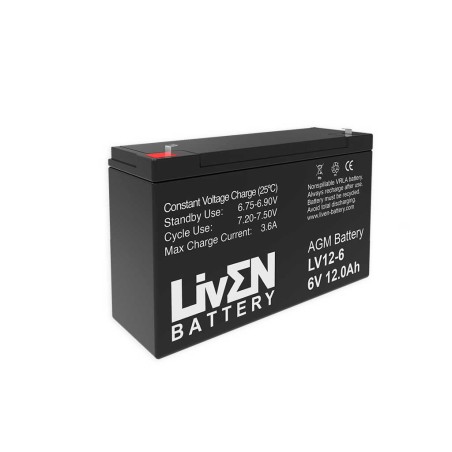 LIVEN - LV12-6. Lead Acid rechargeable battery. AGM-VRLA technology.  LV series. 6Vdc. / 12Ah 