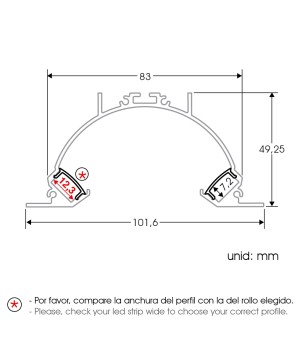 FULLWAT - ECOXM-SPOT2E-2D.  Profil encastrable en aluminium  anodisé classe courbé avec éclairage bidirectionnel - 2000mm - IP40