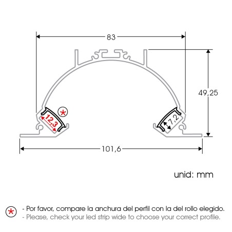 FULLWAT - ECOXM-SPOT2E-2D.  Profil encastrable en aluminium  anodisé classe courbé avec éclairage bidirectionnel - 2000mm - IP40