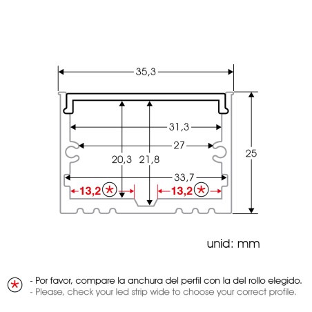 FULLWAT - ECOXM-25S-2D.  Perfil de alumínio de superfície anodizado - 2000mm - IP40