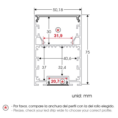 FULLWAT - ECOXM-50E2-2D. Aluminum profile  for suspended mounting. Anodized. with bi-directional lighting shape. 2000mm