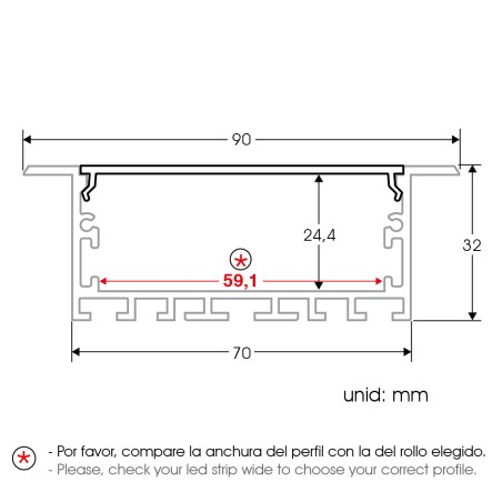 FULLWAT - ECOXM-70E-2D. Aluminum profile  for recessed mounting. Anodized.  2000mm