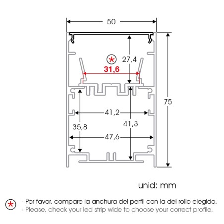 FULLWAT - ECOXM-50H2-2D. Aluminiumprofil abgehängt. eloxiert - 2000mm