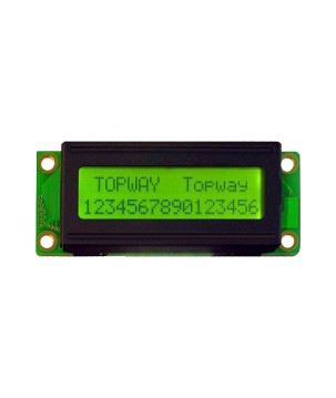 TOPWAY - LMB162XBC. Ecrã LCD Alfanumérico 2 x 16. 5Vdc . Fundo Amarelo / Verde / Carácter Cinzento