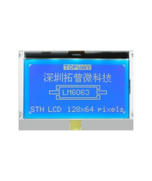 TOPWAY - LM6063AFW. Single color chart LCD display. 128 x 64. 3Vdc. White background / Blue color character.