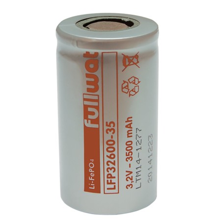 FULLWAT - LFP32600-35. Bateria recarregável cilíndrica de Li-FePO4. 3,2Vdc / 3,500Ah