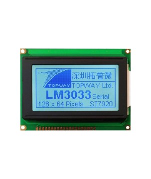 TOPWAY - LM3033DDW-0B. Single color chart LCD display. 128 x 64. 5Vdc. White background / Black color character.