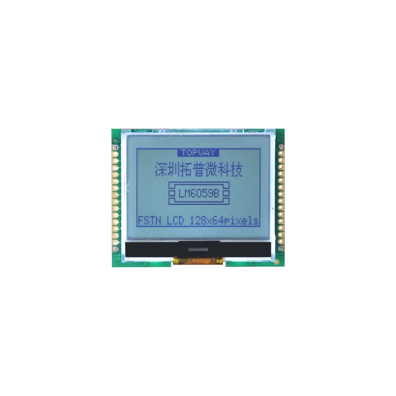 TOPWAY - LM6059BCW. Single color chart LCD display. 128 x 64. 3Vdc. White background / Black color character.