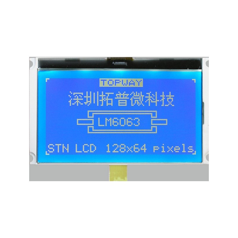 TOPWAY - LM6063AFW. Single color chart LCD display. 128 x 64. 3Vdc. White background / Blue color character.