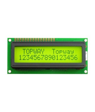 TOPWAY - LMB162ABC. Ecrã LCD Alfanumérico 2 x 16. 5Vdc . Fundo Amarelo / Verde / Carácter Cinzento