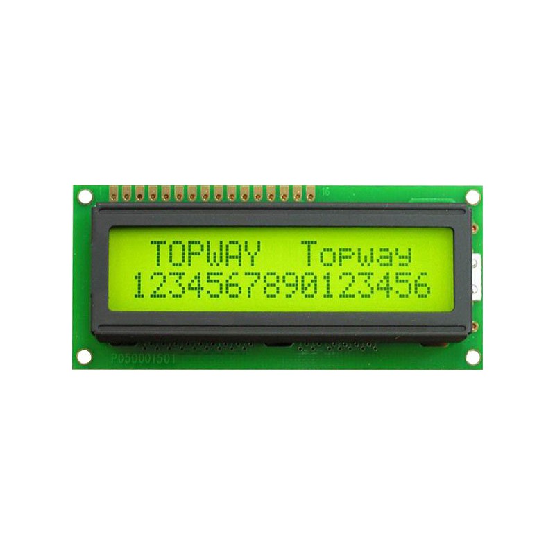 TOPWAY - LMB162ABC. Alphanumeric LCD display. 2 x 16. 5Vdc. Yellow / Green background / Gray color character.