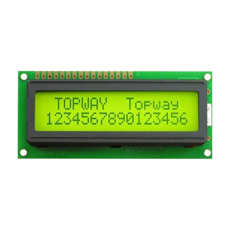 TOPWAY - LMB162ABC. LCD-Anzeige Alphanumerisch. 2 x 16. 5Vdc . Hintergrund Gelb / Grün / Zeichen Grau