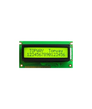 TOPWAY - LMB162HBC. Alphanumeric LCD display. 2 x 16. 5Vdc. Yellow / Green background / Gray color character.