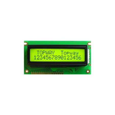 TOPWAY - LMB162HBC. Ecrã LCD Alfanumérico 2 x 16. 5Vdc . Fundo Amarelo / Verde / Carácter Cinzento