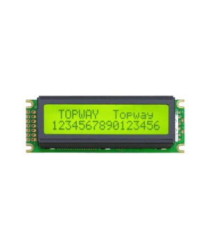TOPWAY - LMB162NBC. Afficheur LCD alphanumérique. 2 x 16. 5Vdc. Fond Jaune / Vert / Caractère Gris