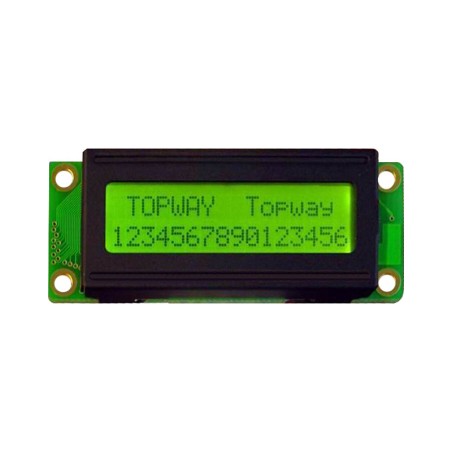 TOPWAY - LMB162XBC. Ecrã LCD Alfanumérico 2 x 16. 5Vdc . Fundo Amarelo / Verde / Carácter Cinzento