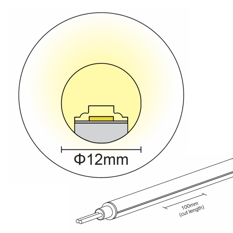 FULLWAT - NL-R12V-BC. Flexible LED-Neonröhre verticalmit  rundevon 12x12mm.  Warmweiß - 720 Lm/m