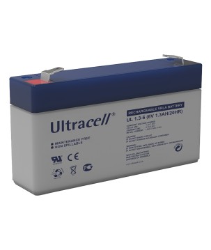 ULTRACELL - UL1.3-6. Wiederaufladbare Blei-Säure Batterie der Technik AGM-VRLA. Serie UL. 6Vdc / 1,3Ah