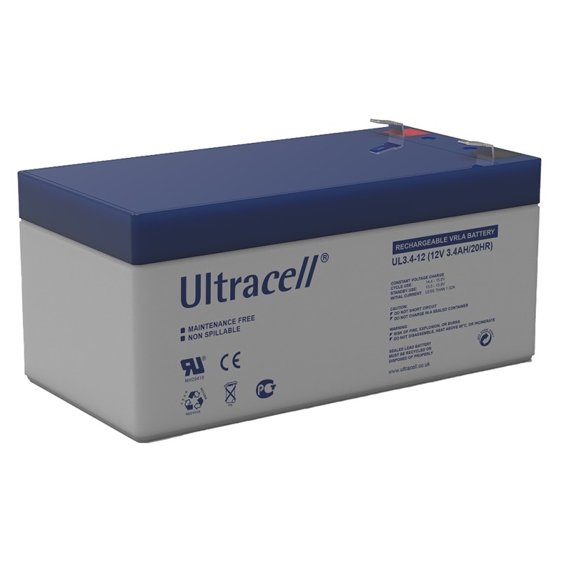 ULTRACELL - UL3.4-12. Batterie rechargeable au Plomb-acide technologie AGM-VRLA. Série UL. 12Vdc / 3,4Ah